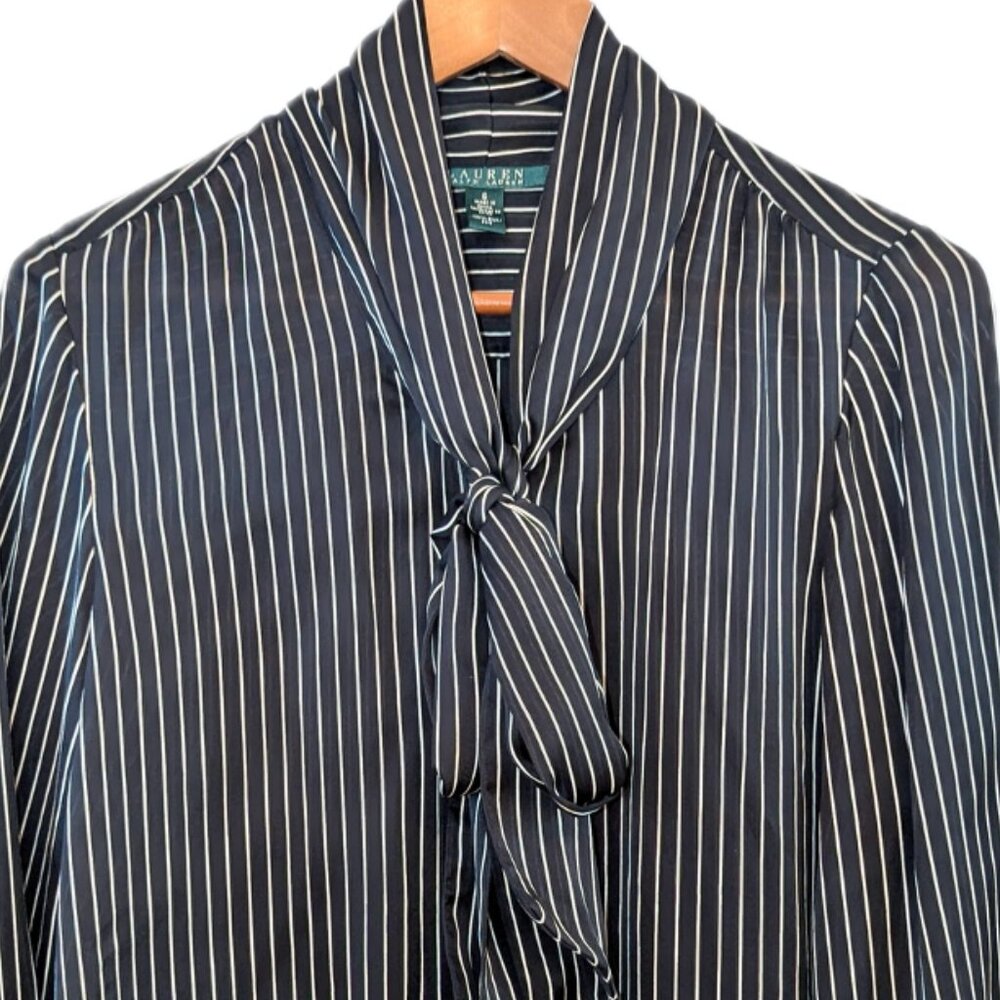 LAUREN Ralph Lauren | 100% Silk Striped Button Down Blouse with Bow | Size 6 - Picture 4 of 12